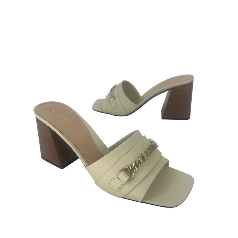 Gucci Signoria Slide Sandals White Leather Chain Heels Size 38